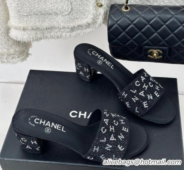 Good Quality Chanel Crystals Heel Slide Sandals 6cm with Letterings Black 0223104