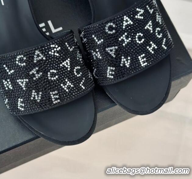 Good Quality Chanel Crystals Heel Slide Sandals 6cm with Letterings Black 0223104