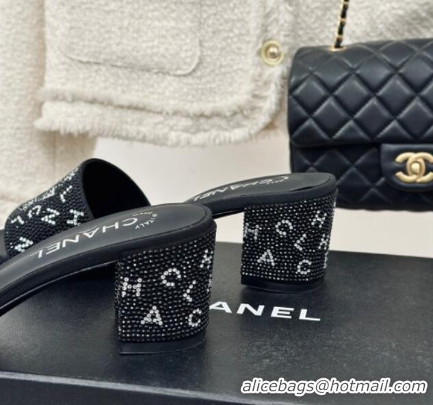 Good Quality Chanel Crystals Heel Slide Sandals 6cm with Letterings Black 0223104