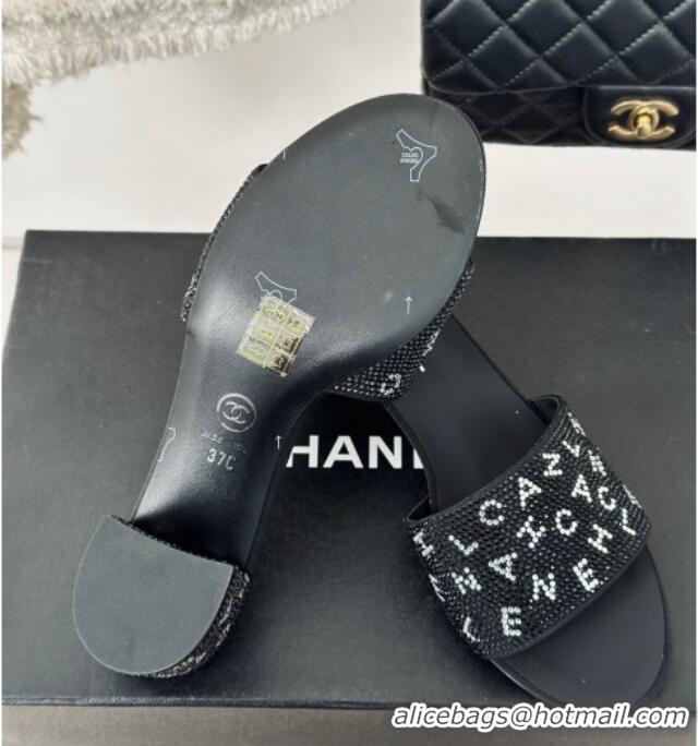 Good Quality Chanel Crystals Heel Slide Sandals 6cm with Letterings Black 0223104