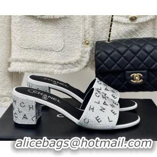 Best Product Chanel Crystals Heel Slide Sandals 6cm with Letterings White 0223108