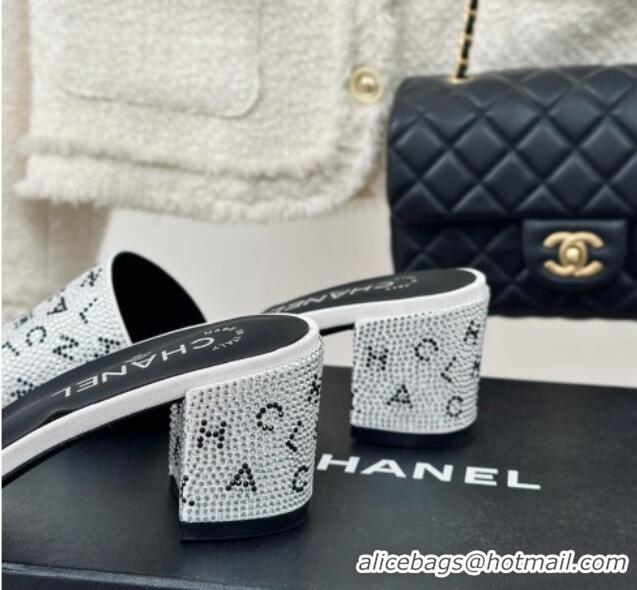 Best Product Chanel Crystals Heel Slide Sandals 6cm with Letterings White 0223108