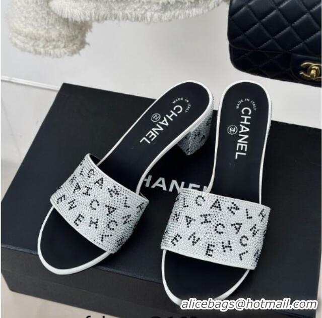 Best Product Chanel Crystals Heel Slide Sandals 6cm with Letterings White 0223108