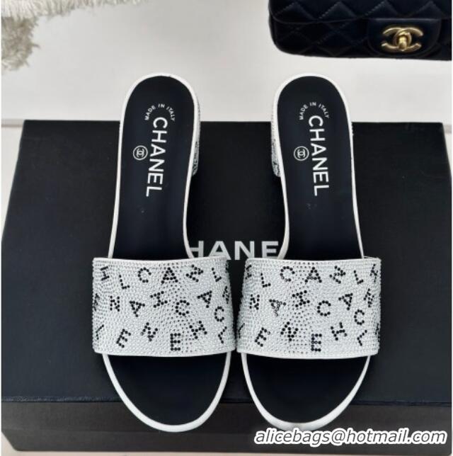 Best Product Chanel Crystals Heel Slide Sandals 6cm with Letterings White 0223108