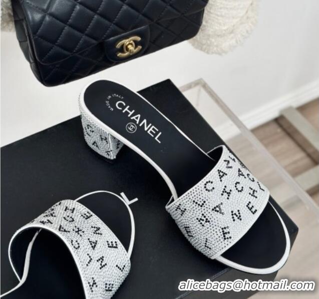 Best Product Chanel Crystals Heel Slide Sandals 6cm with Letterings White 0223108