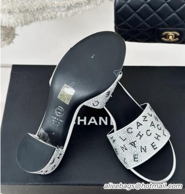 Best Product Chanel Crystals Heel Slide Sandals 6cm with Letterings White 0223108