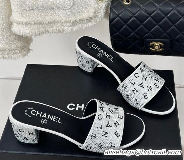 Best Product Chanel Crystals Heel Slide Sandals 6cm with Letterings White 0223108