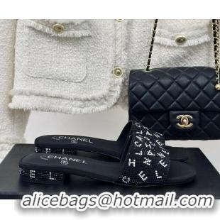 Luxurious Chanel Crystals Flat Slide Sandals with Letterings Black 0223106