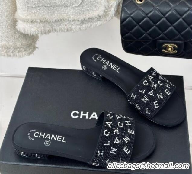 Luxurious Chanel Crystals Flat Slide Sandals with Letterings Black 0223106