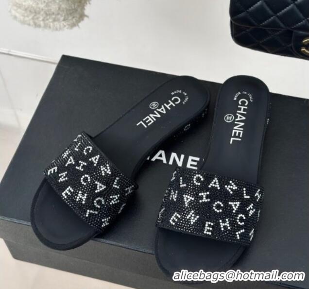 Luxurious Chanel Crystals Flat Slide Sandals with Letterings Black 0223106