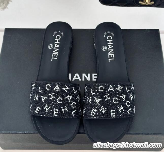 Luxurious Chanel Crystals Flat Slide Sandals with Letterings Black 0223106