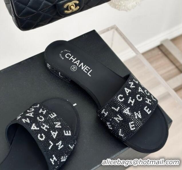 Luxurious Chanel Crystals Flat Slide Sandals with Letterings Black 0223106