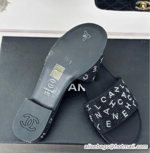 Luxurious Chanel Crystals Flat Slide Sandals with Letterings Black 0223106