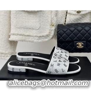 Luxury Cheap Chanel Crystals Flat Slide Sandals with Letterings White 0223107