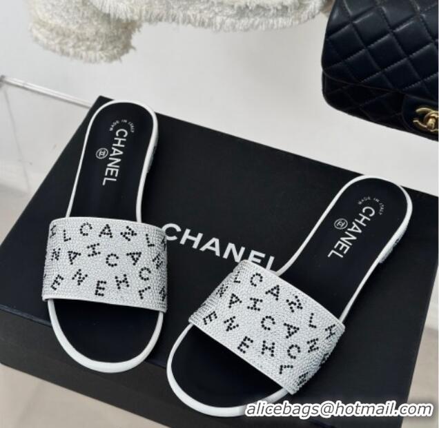 Luxury Cheap Chanel Crystals Flat Slide Sandals with Letterings White 0223107