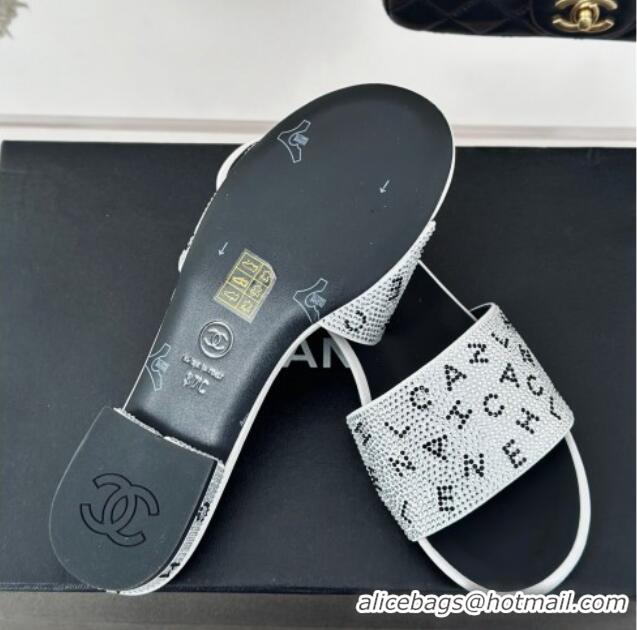 Luxury Cheap Chanel Crystals Flat Slide Sandals with Letterings White 0223107