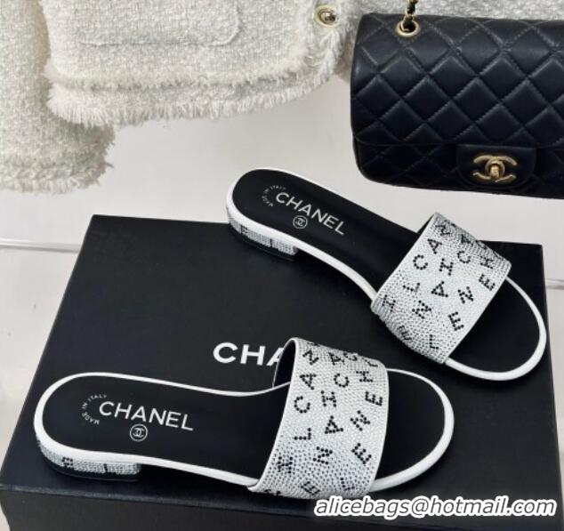 Luxury Cheap Chanel Crystals Flat Slide Sandals with Letterings White 0223107