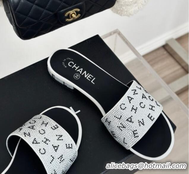 Luxury Cheap Chanel Crystals Flat Slide Sandals with Letterings White 0223107