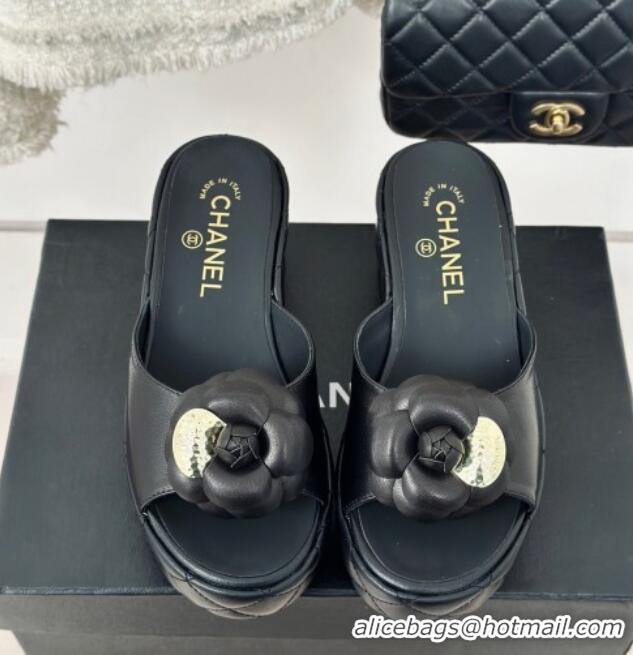 Luxury Chanel Camellia Bloom Calfskin Wedge Platform Slide Sandals 7.5cm Black 0224001