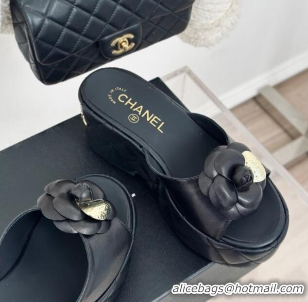 Luxury Chanel Camellia Bloom Calfskin Wedge Platform Slide Sandals 7.5cm Black 0224001