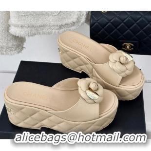 Discount Chanel Camellia Bloom Calfskin Wedge Platform Slide Sandals 7.5cm Beige 0224002