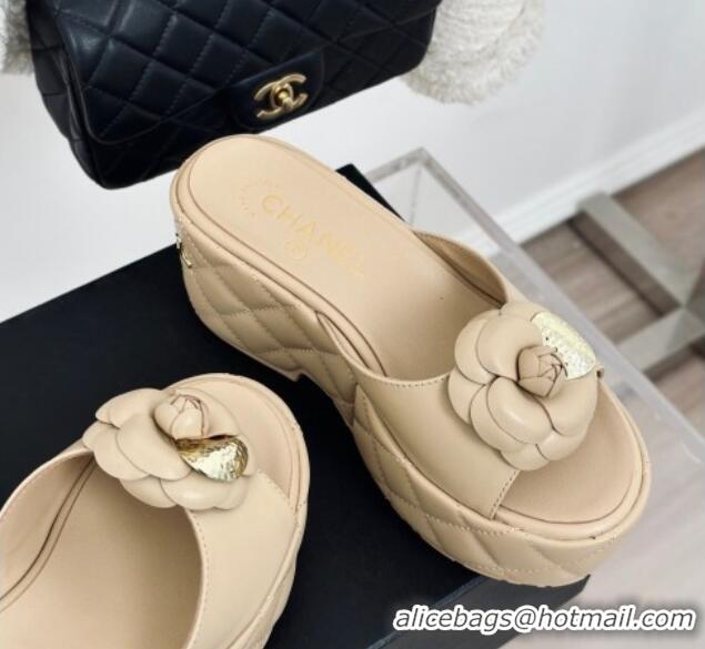 Discount Chanel Camellia Bloom Calfskin Wedge Platform Slide Sandals 7.5cm Beige 0224002