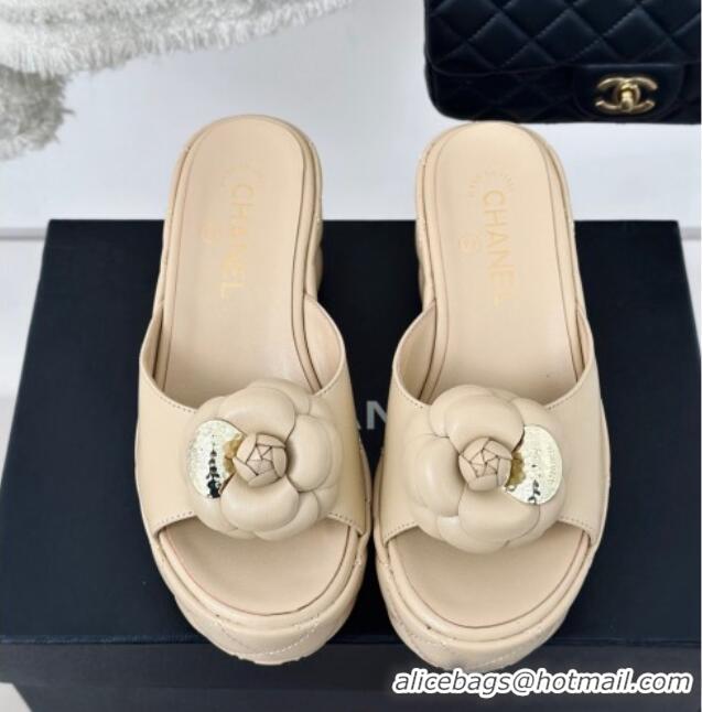 Discount Chanel Camellia Bloom Calfskin Wedge Platform Slide Sandals 7.5cm Beige 0224002