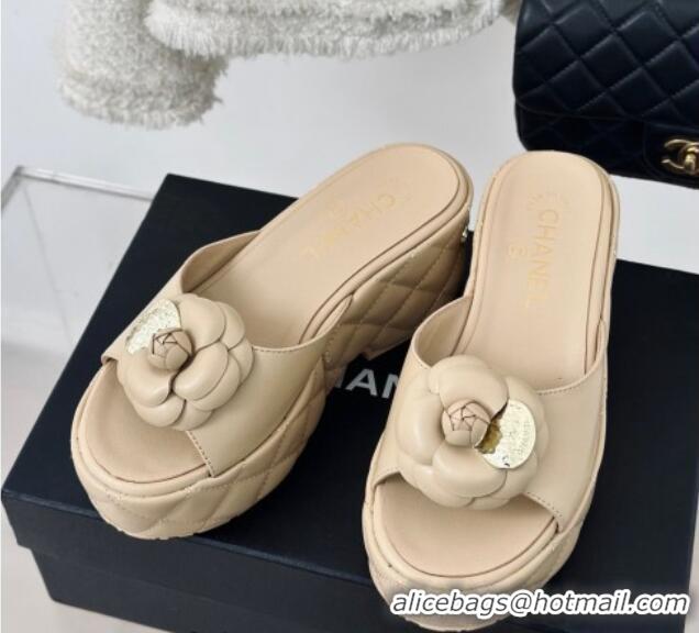 Discount Chanel Camellia Bloom Calfskin Wedge Platform Slide Sandals 7.5cm Beige 0224002