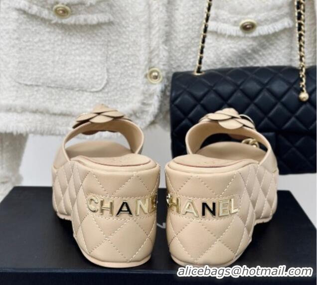 Discount Chanel Camellia Bloom Calfskin Wedge Platform Slide Sandals 7.5cm Beige 0224002