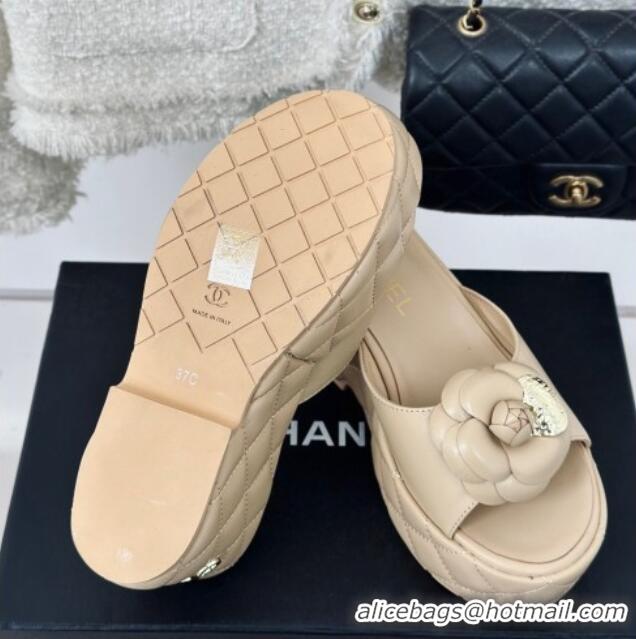 Discount Chanel Camellia Bloom Calfskin Wedge Platform Slide Sandals 7.5cm Beige 0224002