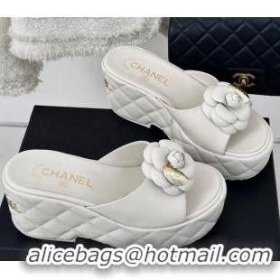 Luxury Chanel Camellia Bloom Calfskin Wedge Platform Slide Sandals 7.5cm White 0224003