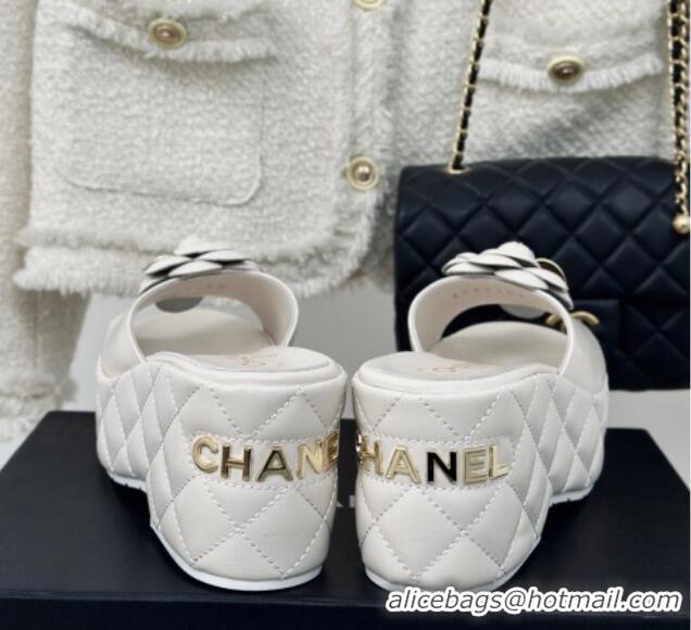 Luxury Chanel Camellia Bloom Calfskin Wedge Platform Slide Sandals 7.5cm White 0224003