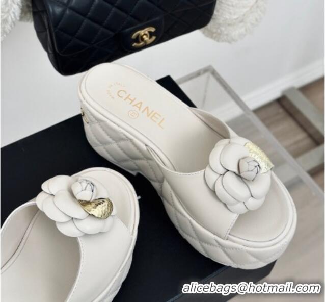 Luxury Chanel Camellia Bloom Calfskin Wedge Platform Slide Sandals 7.5cm White 0224003