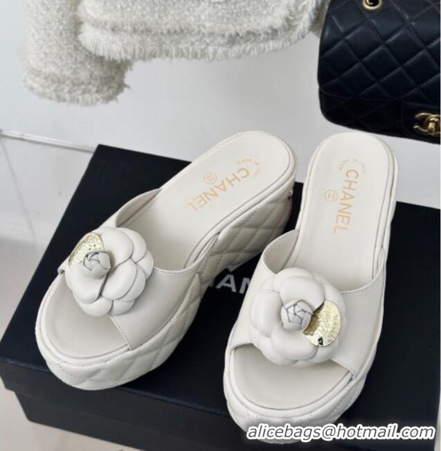 Luxury Chanel Camellia Bloom Calfskin Wedge Platform Slide Sandals 7.5cm White 0224003