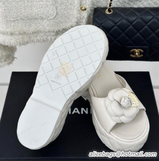 Luxury Chanel Camellia Bloom Calfskin Wedge Platform Slide Sandals 7.5cm White 0224003