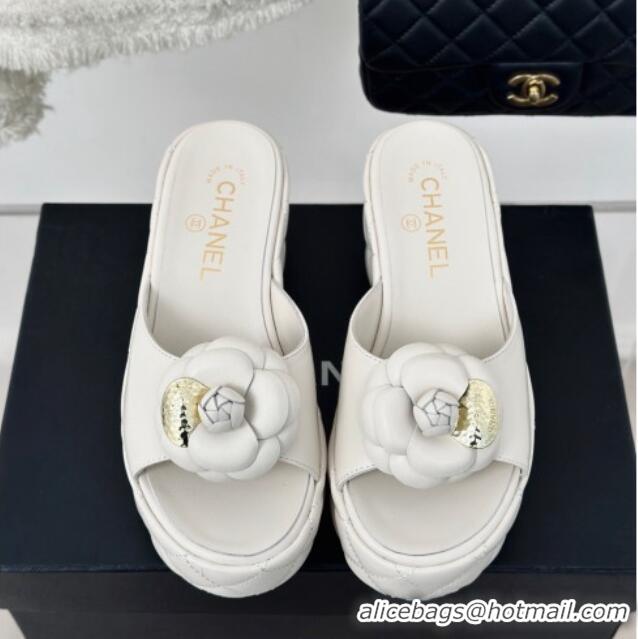 Luxury Chanel Camellia Bloom Calfskin Wedge Platform Slide Sandals 7.5cm White 0224003