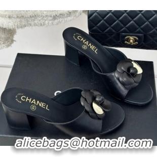 Popular Style Chanel Camellia Bloom Calfskin Heel Slide Sandals 6.5cm Black 0224004