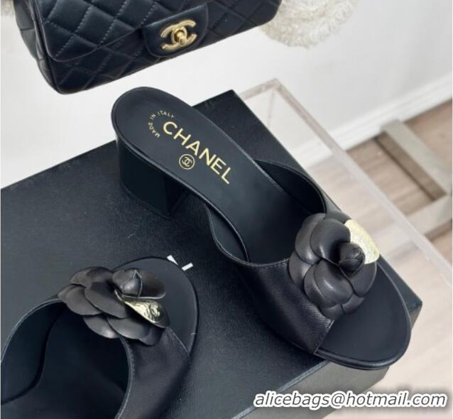 Popular Style Chanel Camellia Bloom Calfskin Heel Slide Sandals 6.5cm Black 0224004