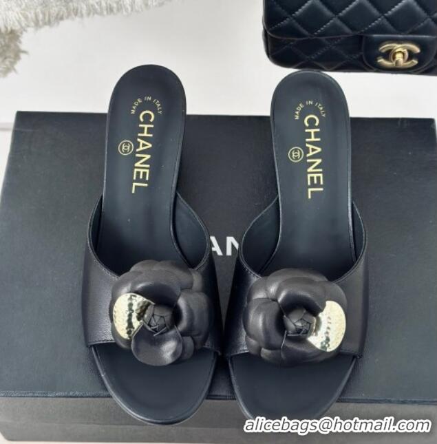 Popular Style Chanel Camellia Bloom Calfskin Heel Slide Sandals 6.5cm Black 0224004