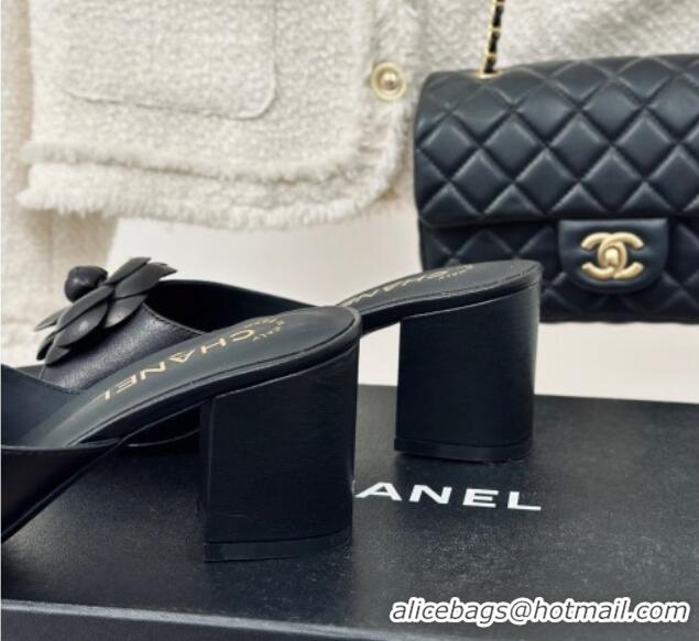 Popular Style Chanel Camellia Bloom Calfskin Heel Slide Sandals 6.5cm Black 0224004