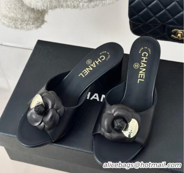 Popular Style Chanel Camellia Bloom Calfskin Heel Slide Sandals 6.5cm Black 0224004