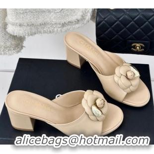 Cheap Price Chanel Camellia Bloom Calfskin Heel Slide Sandals 6.5cm Beige 0224005