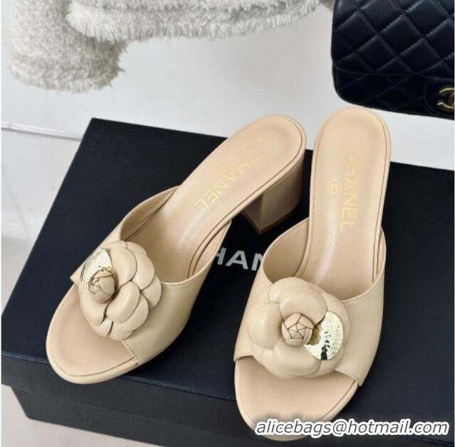 Cheap Price Chanel Camellia Bloom Calfskin Heel Slide Sandals 6.5cm Beige 0224005