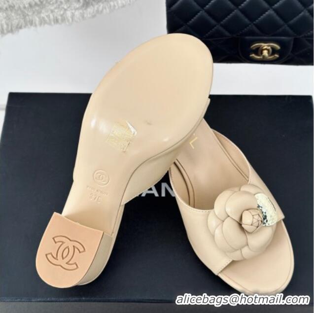 Cheap Price Chanel Camellia Bloom Calfskin Heel Slide Sandals 6.5cm Beige 0224005