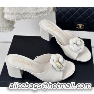 Durable Chanel Camellia Bloom Calfskin Heel Slide Sandals 6.5cm White 0224006