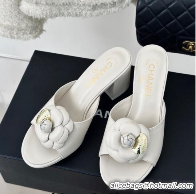 Durable Chanel Camellia Bloom Calfskin Heel Slide Sandals 6.5cm White 0224006