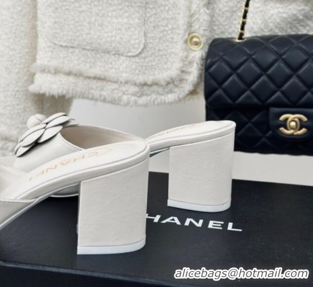 Durable Chanel Camellia Bloom Calfskin Heel Slide Sandals 6.5cm White 0224006