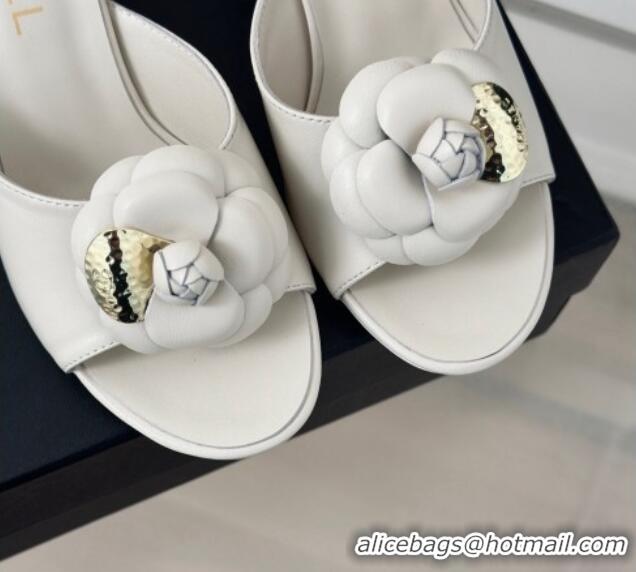 Durable Chanel Camellia Bloom Calfskin Heel Slide Sandals 6.5cm White 0224006