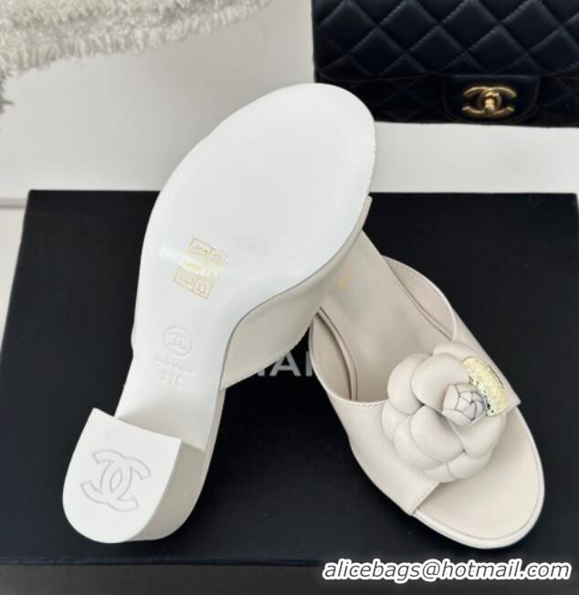 Durable Chanel Camellia Bloom Calfskin Heel Slide Sandals 6.5cm White 0224006