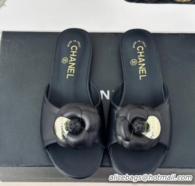 Shop Duplicate Chanel Camellia Bloom Calfskin Flat Slide Sandals 1.5cm Black 0224007